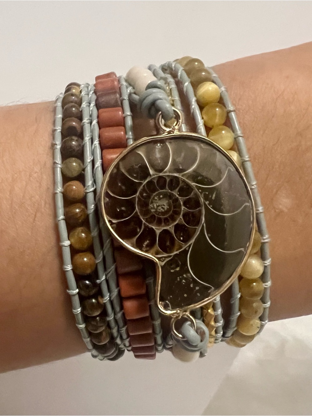 Ammonite Fossil Long Gemstone Wrap Bracelet